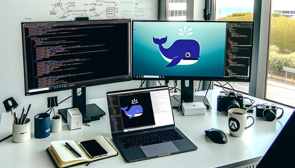 Minimalistischer Entwicklerarbeitsplatz mit Laptop, auf dem ein Dockerfile in VS Code geöffnet ist, externer Monitor mit Docker Whale-Logo, lokalen App-Fenstern, Notizbuch, Kaffee und moderner Technik.