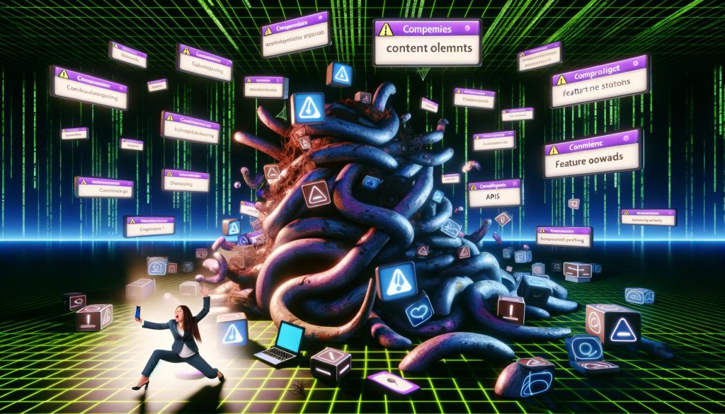 Surreale digitale Hölle mit gestapelten Content-Elementen, explodierenden Icons, einer gestressten Person am Laptop und einem monströsen, tentakelartigen CMS im Vordergrund. Im Hintergrund Matrix-Ästhetik, Datenströme, APIs und Licht auf moderne Systeme.