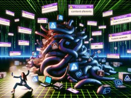 Surreale digitale Hölle mit gestapelten Content-Elementen, explodierenden Icons, einer gestressten Person am Laptop und einem monströsen, tentakelartigen CMS im Vordergrund. Im Hintergrund Matrix-Ästhetik, Datenströme, APIs und Licht auf moderne Systeme.