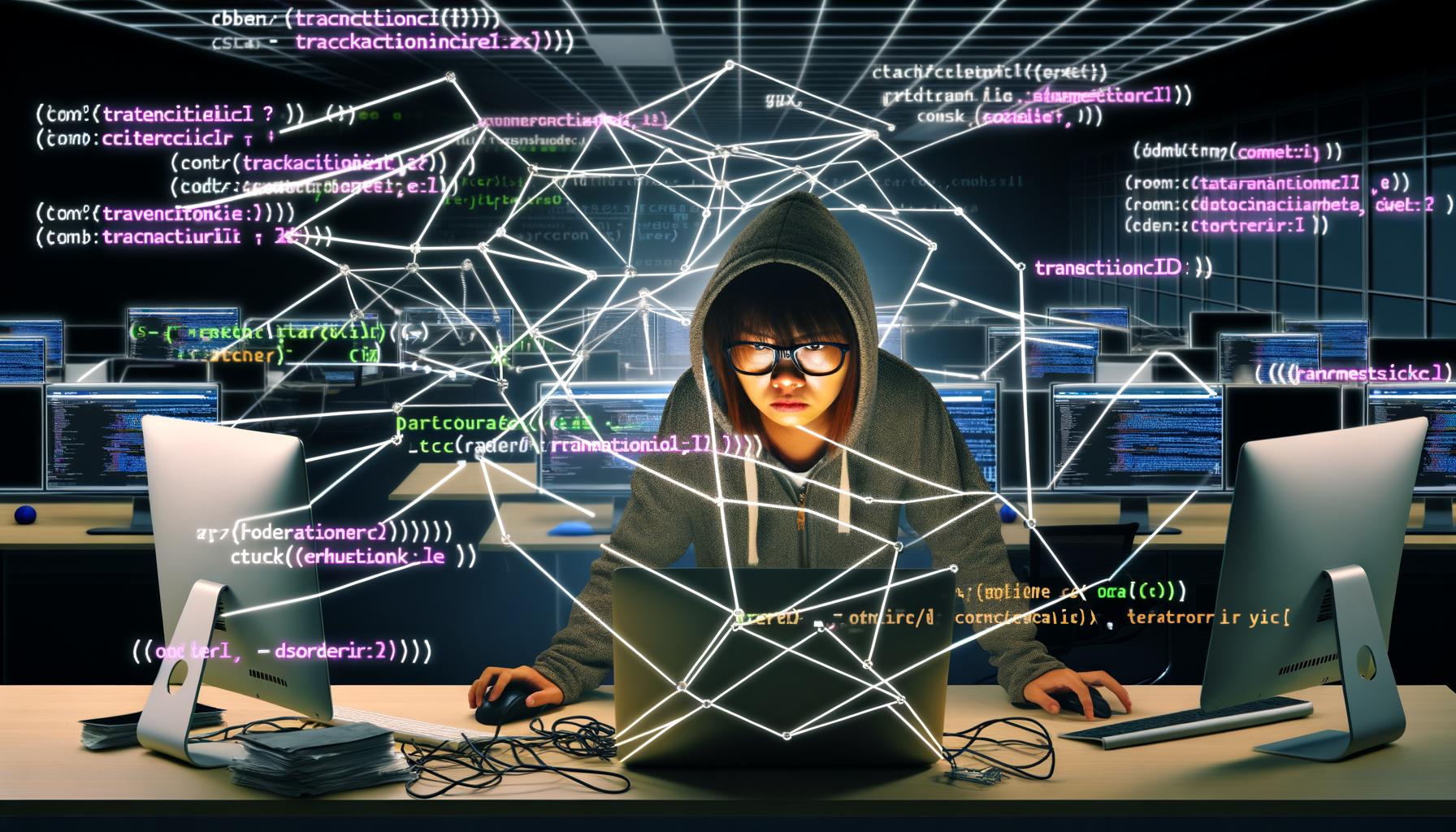 Metaphorische Illustration eines Entwicklers beim Debugging einer fehlerhaften Website Data Layer: Chaotisches Dashboard, schwebende JavaScript-Variablen und Fehlermeldungen in tech-lastigem Workspace.