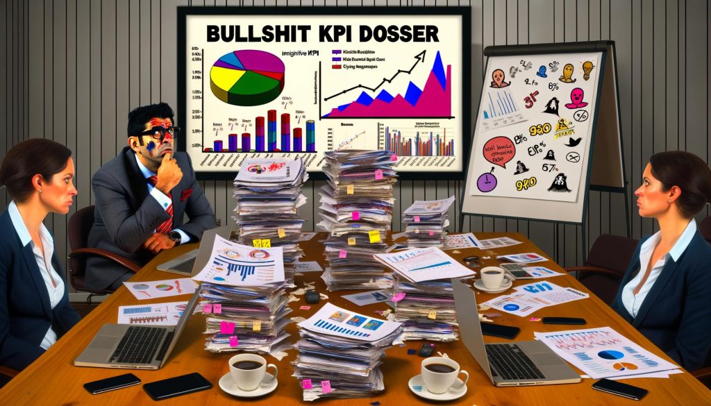 Vollgestellter Konferenztisch mit bunten Diagrammen, Social-Media-Symbolen und Marketing-Manager, der kritisch auf ein Zahlenchaos blickt.