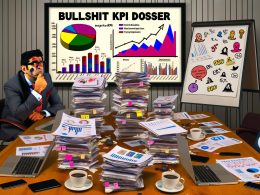 Vollgestellter Konferenztisch mit bunten Diagrammen, Social-Media-Symbolen und Marketing-Manager, der kritisch auf ein Zahlenchaos blickt.