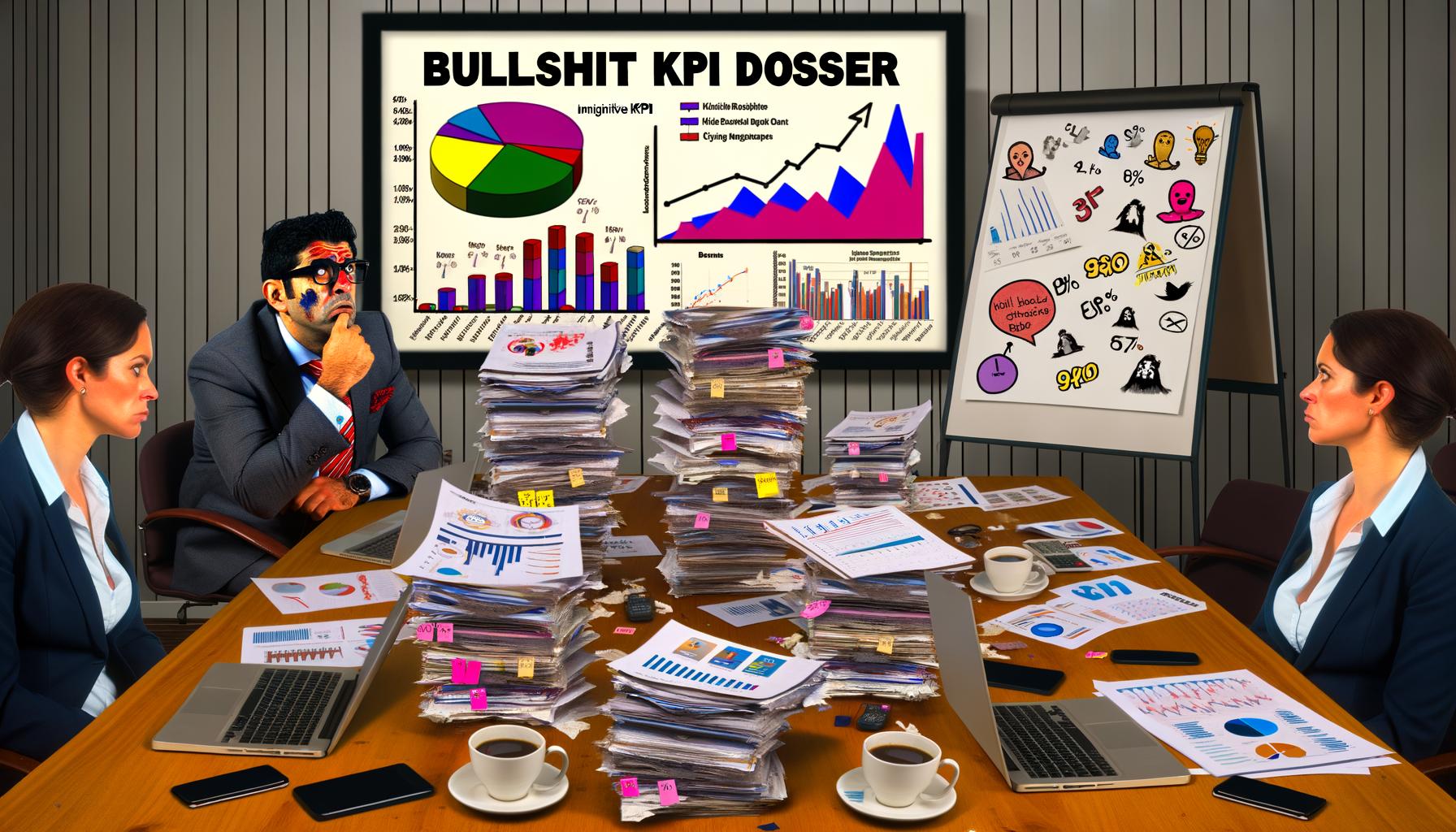 Vollgestellter Konferenztisch mit bunten Diagrammen, Social-Media-Symbolen und Marketing-Manager, der kritisch auf ein Zahlenchaos blickt.