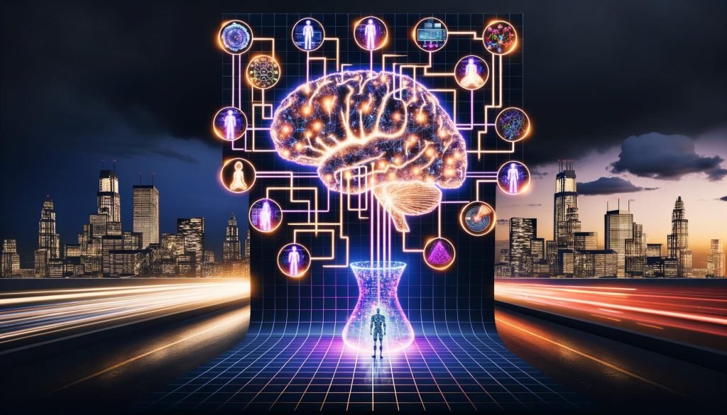 Futuristische Cyberpunk-Stadt bei Nacht mit leuchtenden neuronalen Netzwerken, transparentem Gehirn, Marketer-Silhouetten, digitalen Anzeigen und Verschmelzung von menschlicher Aktivität mit KI-Marketing-Infrastrukturen.