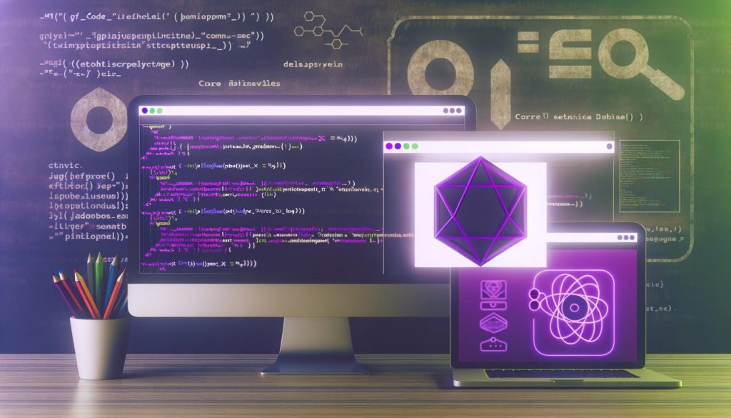 Illustration eines modernen Entwickler-Desktops mit Gatsby-Logo, Code-Snippets, SEO-Daten und Core Web Vitals, umgeben von JavaScript- und React-Symbolen.