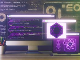 Illustration eines modernen Entwickler-Desktops mit Gatsby-Logo, Code-Snippets, SEO-Daten und Core Web Vitals, umgeben von JavaScript- und React-Symbolen.