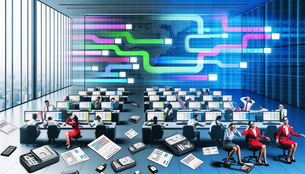 Ein chaotisches Büro mit Laptops, Papiernotizen und hektisch agierenden Mitarbeitern, im Hintergrund eine digitale Glaswand mit farbig strukturierten Datenflüssen.