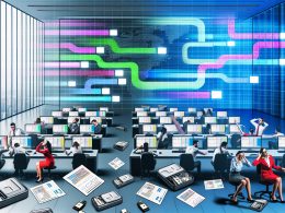 Ein chaotisches Büro mit Laptops, Papiernotizen und hektisch agierenden Mitarbeitern, im Hintergrund eine digitale Glaswand mit farbig strukturierten Datenflüssen.