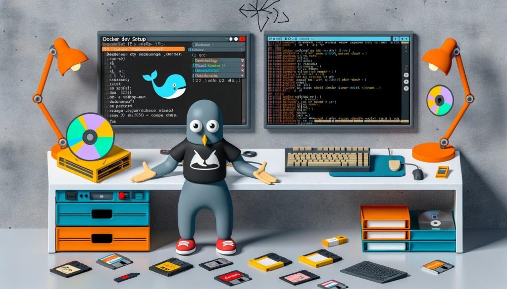 Moderne Entwickler-Workstation mit Docker Dashboard, geöffnetem Terminal und älteren Speicher-Medien wie Floppy Disk, XAMPP-CD und USB-Stick auf dem Schreibtisch; Entwickler mit Docker-T-Shirt im Hintergrund.