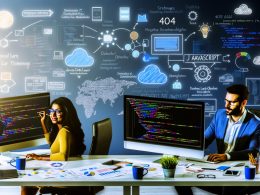 Ein fokussiertes Marketing- und Entwicklerteam kooperiert an Arbeitsplätzen mit mehreren Bildschirmen, Code, Analyse-Dashboards und einem hervorgehobenen JavaScript Data Layer Objekt in modernem Büro mit technischen Skizzen und 404 Magazine Branding.