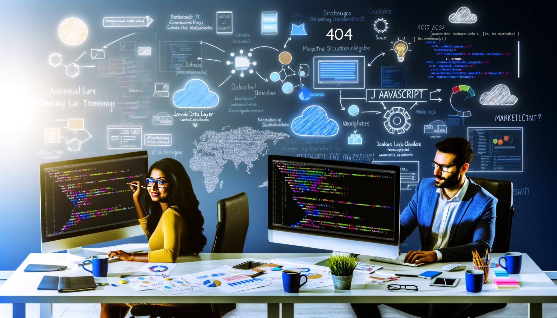 Ein fokussiertes Marketing- und Entwicklerteam kooperiert an Arbeitsplätzen mit mehreren Bildschirmen, Code, Analyse-Dashboards und einem hervorgehobenen JavaScript Data Layer Objekt in modernem Büro mit technischen Skizzen und 404 Magazine Branding.