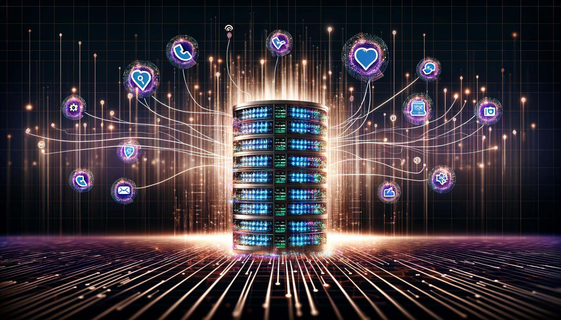 Futuristische Illustration einer Social Growth Plan-Maschine mit Server-Stack, leuchtenden Datenströmen, Social-Media-Icons, KI-Prompts und digitalen Dashboards.