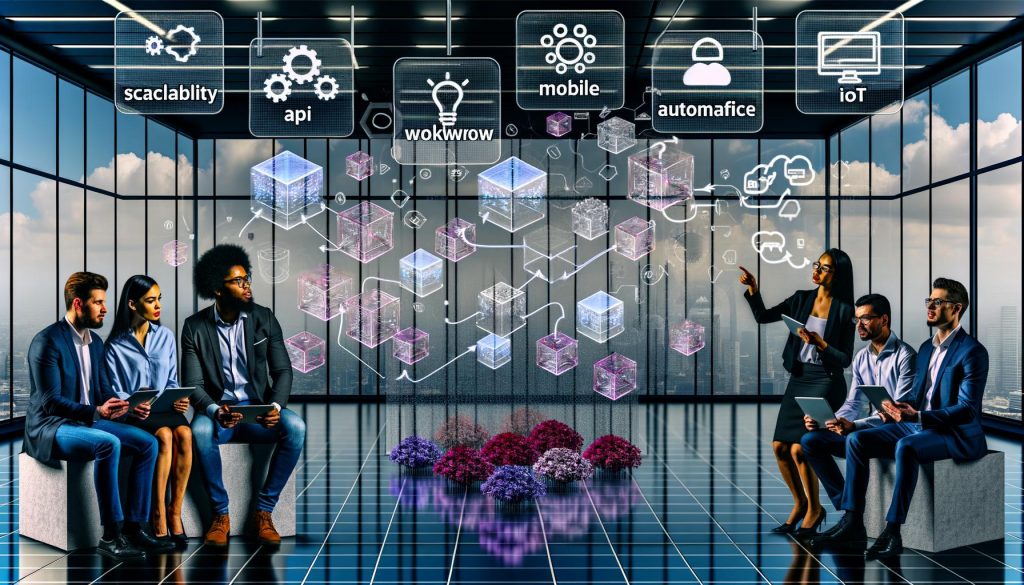 Transparente Dashboards mit digitalen Content-Elementen, Entwickler und Marketerin arbeiten konzentriert im futuristischen Büro mit Fokus auf API und Skalierbarkeit