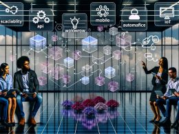 Transparente Dashboards mit digitalen Content-Elementen, Entwickler und Marketerin arbeiten konzentriert im futuristischen Büro mit Fokus auf API und Skalierbarkeit