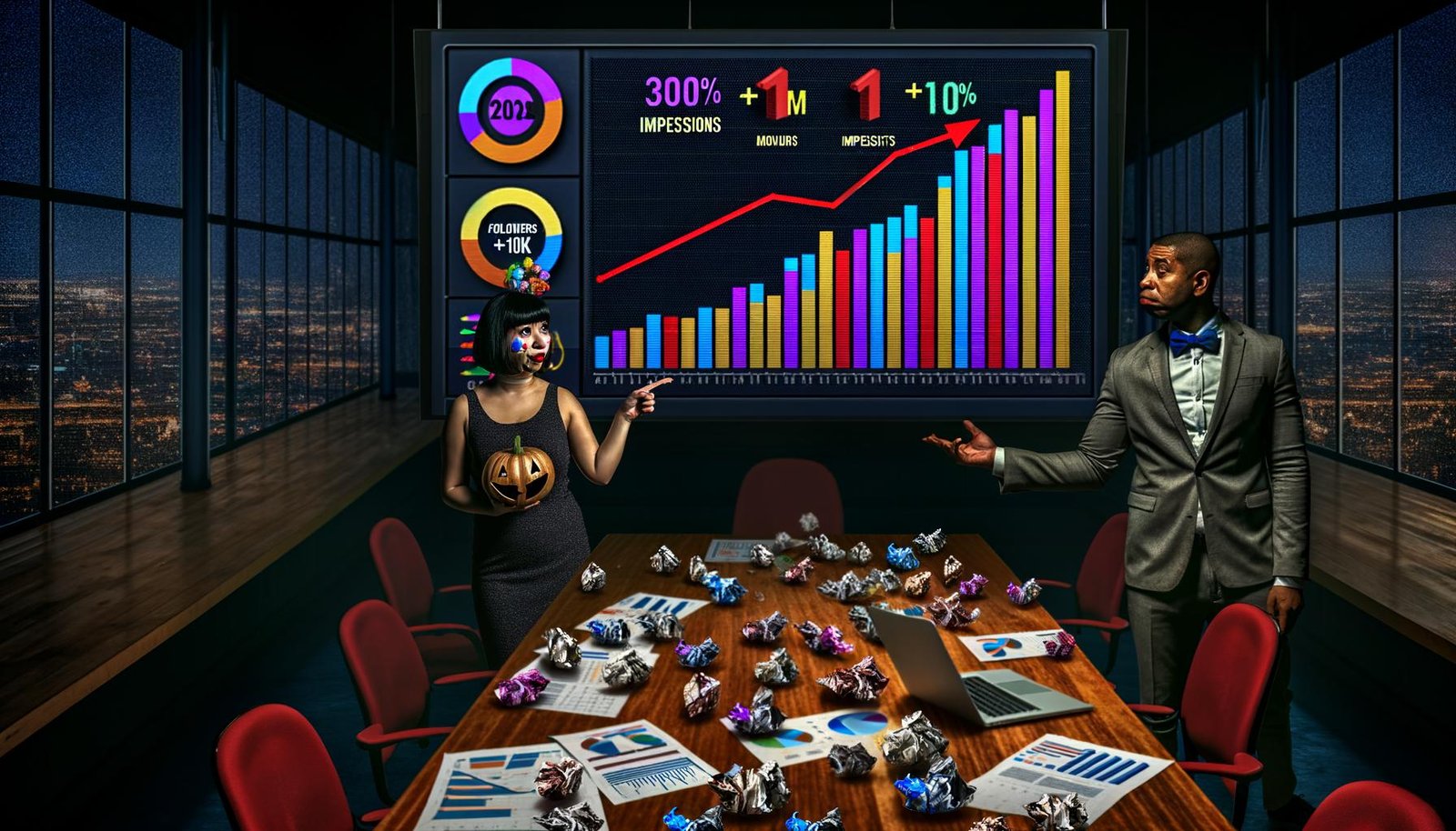 Überladenes Marketing-Dashboard mit bunten Diagrammen und zweifelhaften Zahlen, erschöpfter Marketer präsentiert vor skeptischem Chef, im Hintergrund zirkusartige Details wie Jonglierbälle und Konfetti.