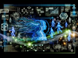 Futuristische Netzwerkstruktur mit menschlichen Silhouetten, die mit digitalen Devices und leuchtenden Datenströmen verbunden sind, umgeben von Innovation und Digitalisierung.