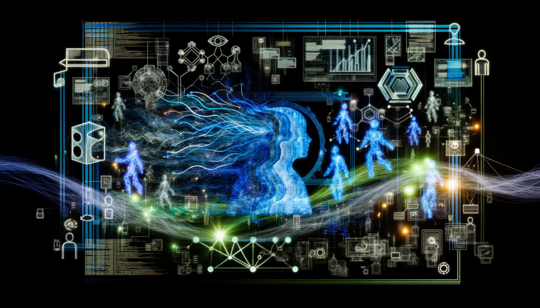 Futuristische Netzwerkstruktur mit menschlichen Silhouetten, die mit digitalen Devices und leuchtenden Datenströmen verbunden sind, umgeben von Innovation und Digitalisierung.