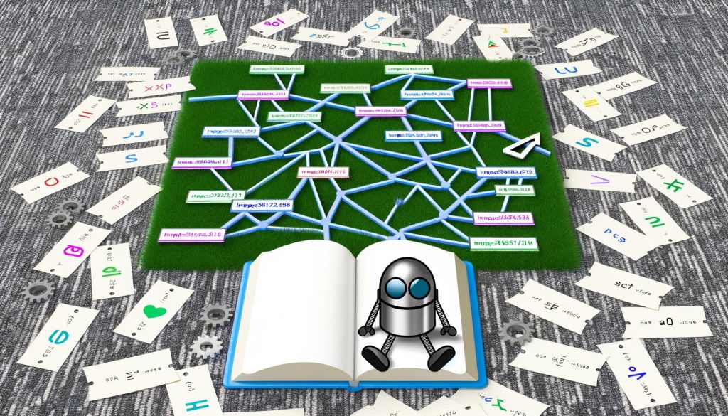 Illustration mit Notizbuch auf Teppich voller Zettel, einem modernen URL-Baum mit verwirrten und klaren Verzweigungen, Cartoon-Googlebot und SEO-Icons.