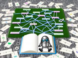 Illustration mit Notizbuch auf Teppich voller Zettel, einem modernen URL-Baum mit verwirrten und klaren Verzweigungen, Cartoon-Googlebot und SEO-Icons.