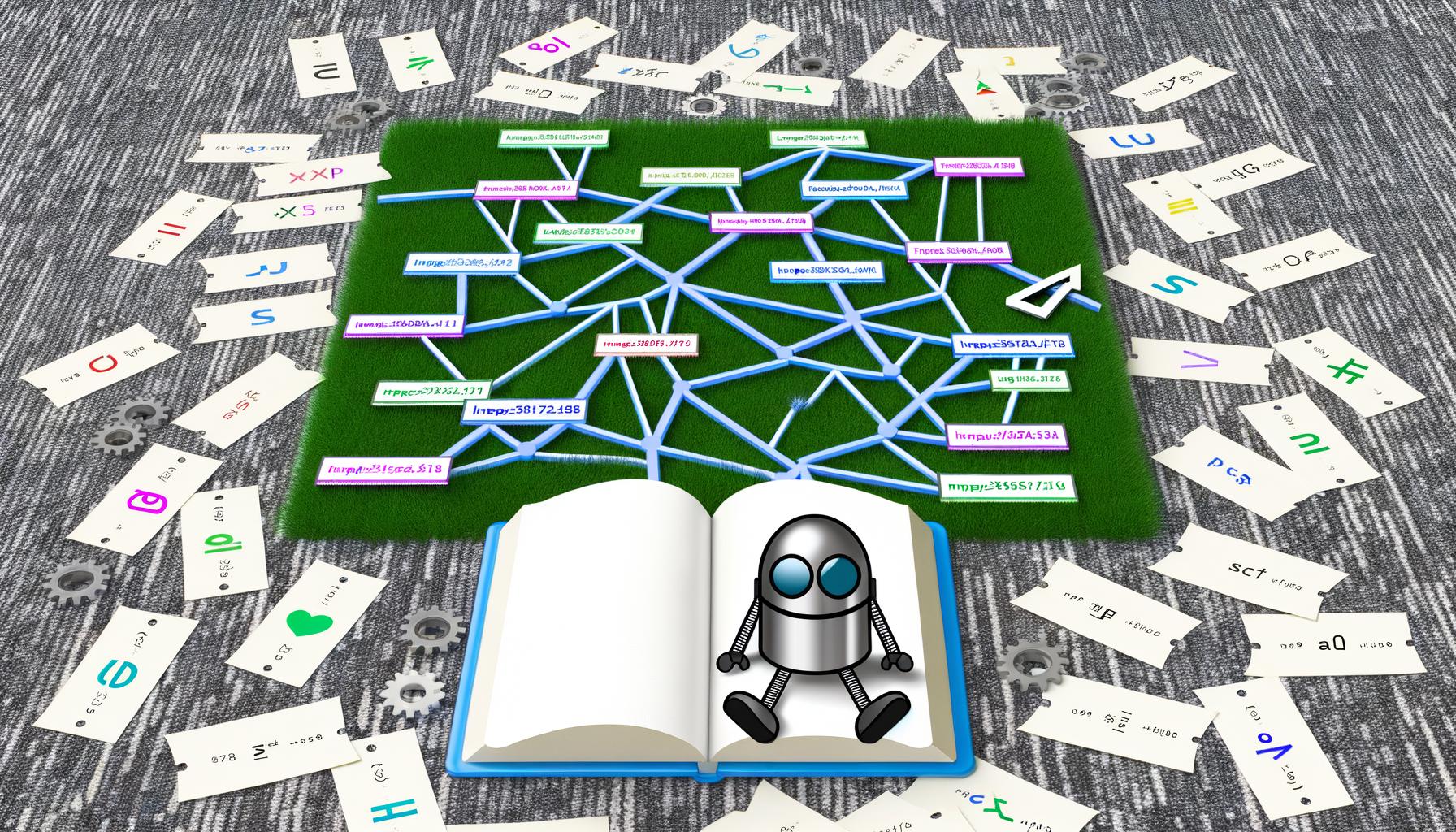 Illustration mit Notizbuch auf Teppich voller Zettel, einem modernen URL-Baum mit verwirrten und klaren Verzweigungen, Cartoon-Googlebot und SEO-Icons.