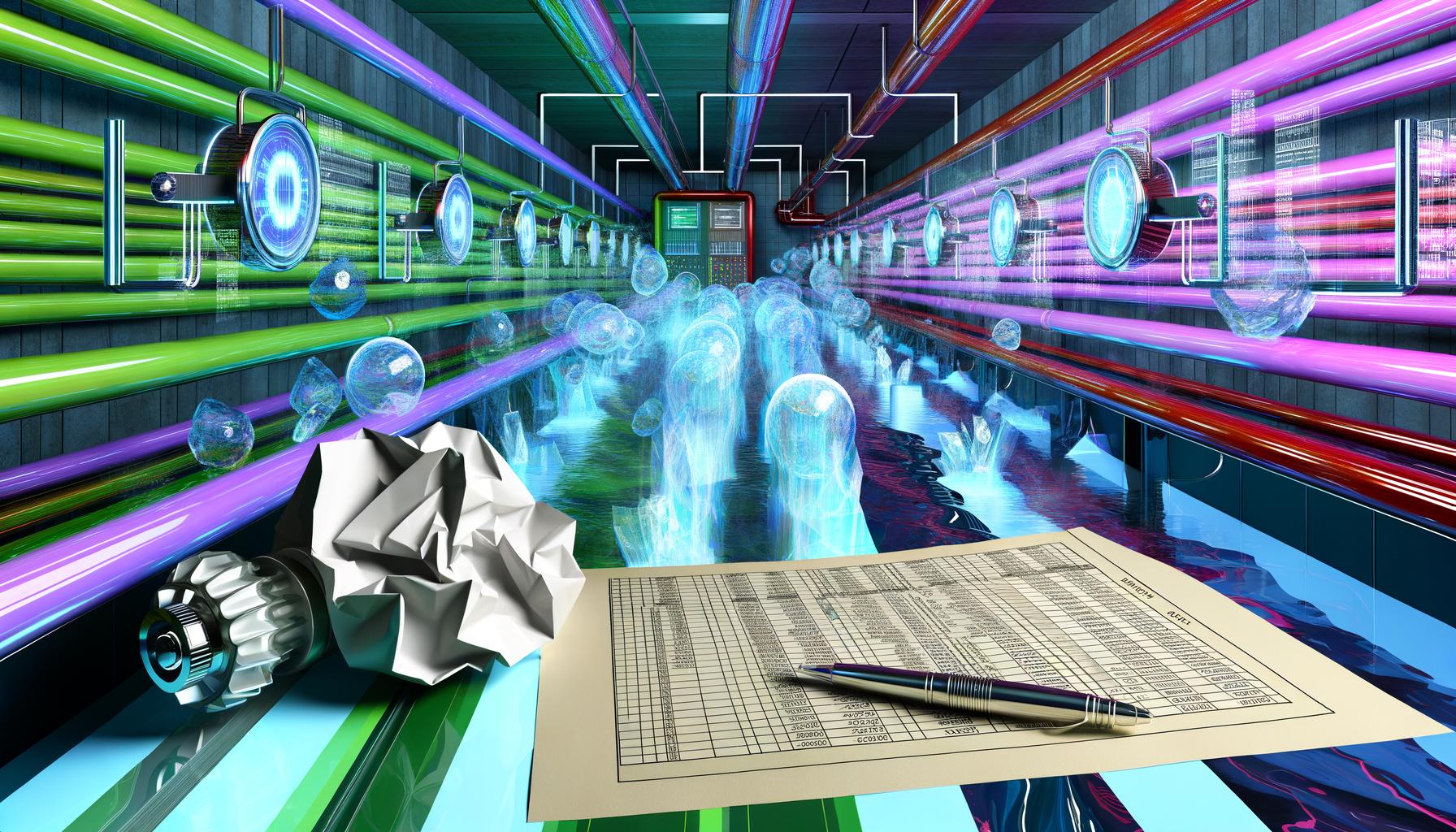 Moderner abstrakter Maschinenraum mit leuchtenden Datenströmen, digitalen Dashboards und zerknülltem Excel-Ausdruck vor einem automatisierten Datenpipeline-Komplex.