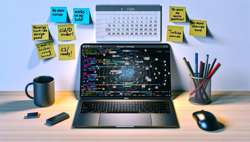 Moderner Entwicklerarbeitsplatz mit Laptop, Docker Compose Datei, Dockerfile, digitalen Docker-Visualisierungen und 2024 Kalender – Fokus auf Teamarbeit und Effizienz.