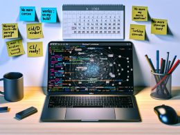 Moderner Entwicklerarbeitsplatz mit Laptop, Docker Compose Datei, Dockerfile, digitalen Docker-Visualisierungen und 2024 Kalender – Fokus auf Teamarbeit und Effizienz.