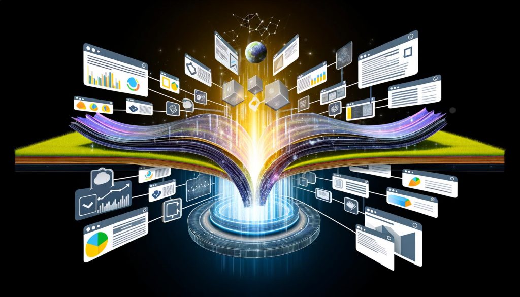 Stilisierte Illustration eines Data Layer Frameworks, das geordnete Datenflüsse zwischen Website-Oberfläche und Marketing-Technologien ermöglicht.