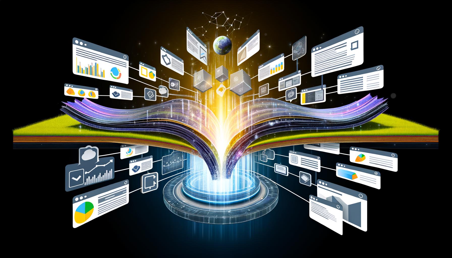 Stilisierte Illustration eines Data Layer Frameworks, das geordnete Datenflüsse zwischen Website-Oberfläche und Marketing-Technologien ermöglicht.