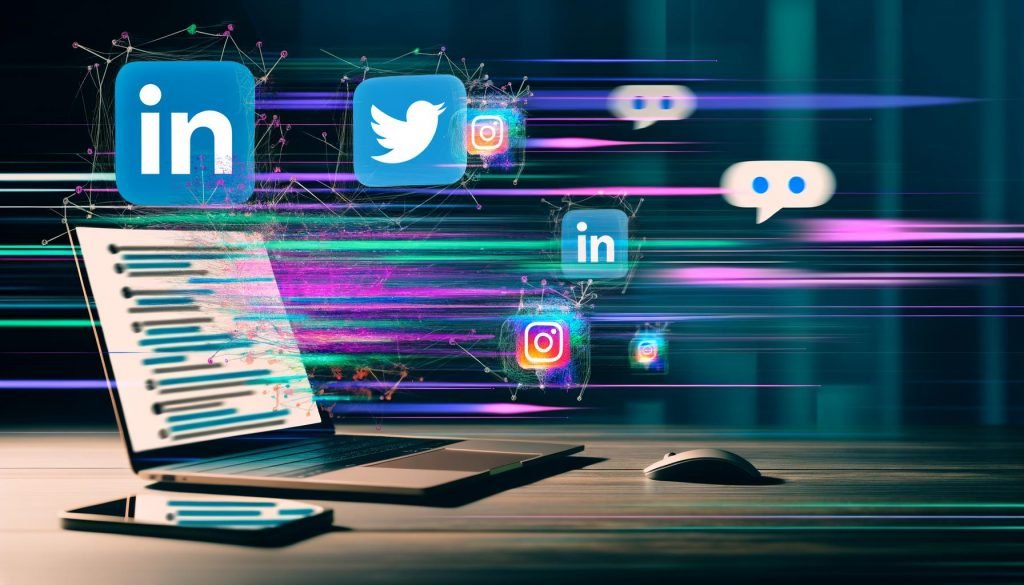 Illustration eines modernen Arbeitsplatzes mit geöffneter Social-Media-Ansicht auf einem Laptop, umgeben von Plattform-Icons, abstrakten Datenströmen und KI-Sprechblasen.