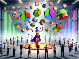 Surreale Büroszene mit Marketer als Zirkusartist, der große KPI-Symbole jongliert, Chaos aus bunten Daten-Charts und verwirrten Teammitgliedern.