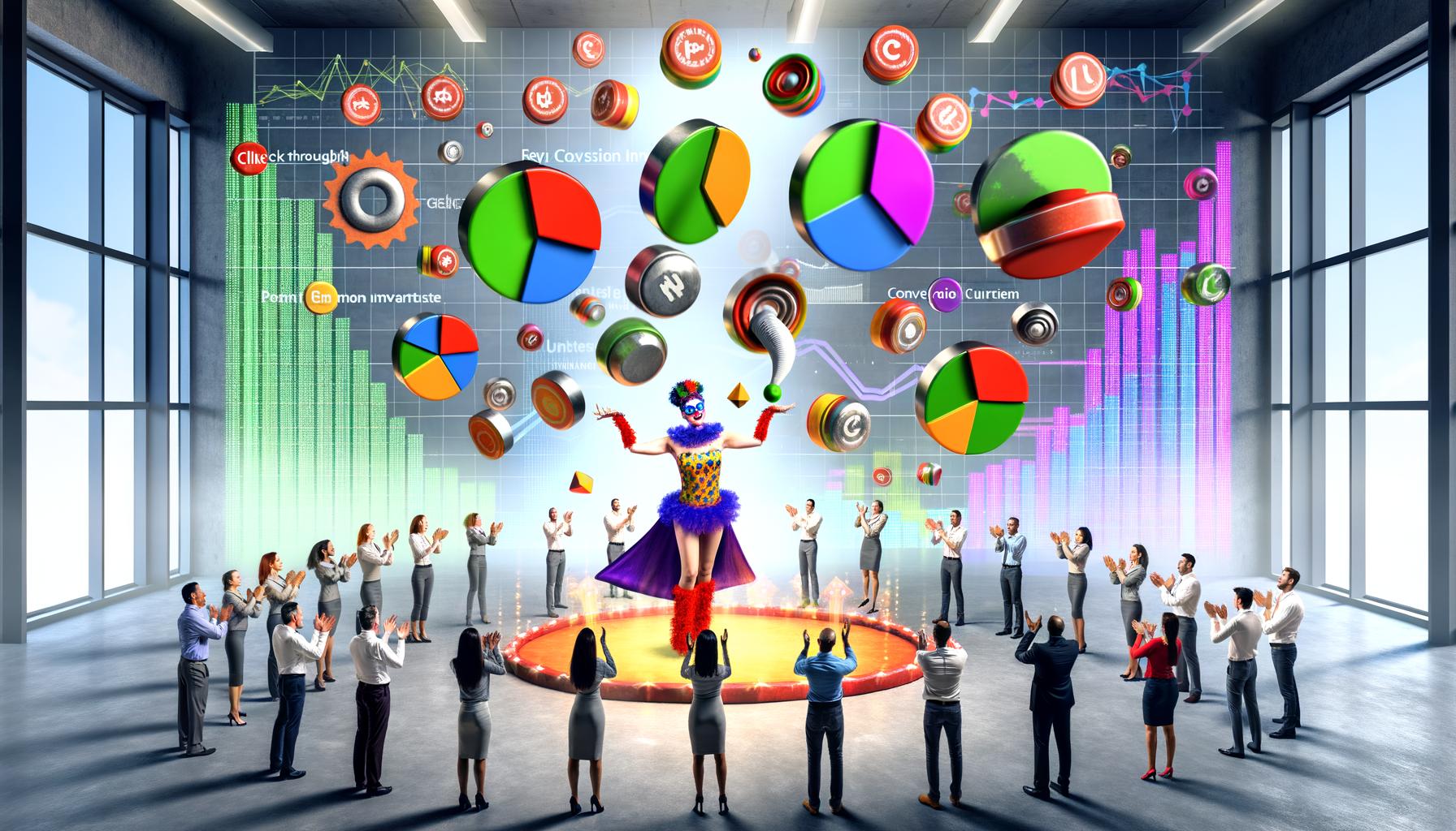 Surreale Büroszene mit Marketer als Zirkusartist, der große KPI-Symbole jongliert, Chaos aus bunten Daten-Charts und verwirrten Teammitgliedern.