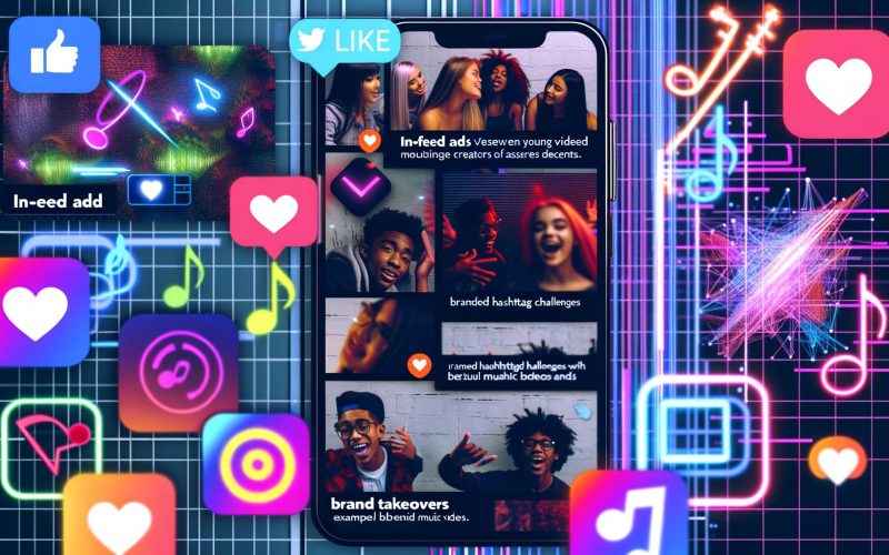 Dynamische Collage auf einem Smartphone mit TikTok-Interface-Elementen, verschiedenen Werbeformaten und Beiträgen junger, vielfältiger Creator im Streetstyle-Look.
