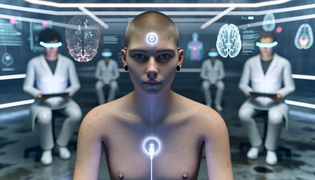 Person mit Mikroelektroden am Kopf in futuristischer Laborumgebung, verbunden mit holographischer Benutzeroberfläche, beobachtet von Wissenschaftlern mit AR-Technologie.