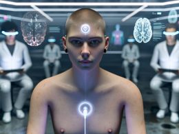 Person mit Mikroelektroden am Kopf in futuristischer Laborumgebung, verbunden mit holographischer Benutzeroberfläche, beobachtet von Wissenschaftlern mit AR-Technologie.