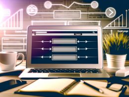 Laptop mit moderner Breadcrumb-Navigation im aufgeräumten Workspace, flankiert von Notizen, Kaffeetasse und unscharfen Analyse-Charts im Hintergrund.