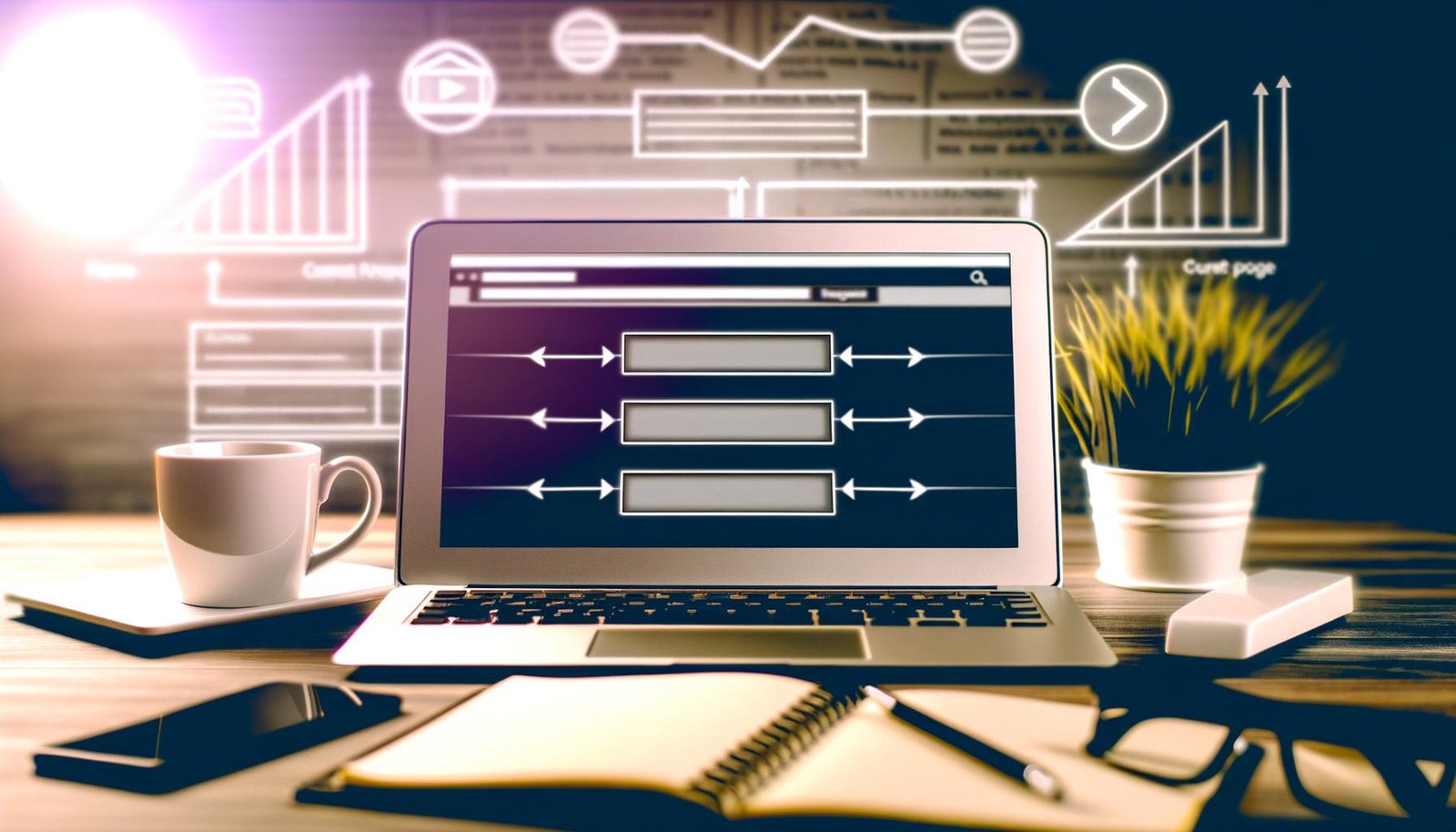 Laptop mit moderner Breadcrumb-Navigation im aufgeräumten Workspace, flankiert von Notizen, Kaffeetasse und unscharfen Analyse-Charts im Hintergrund.