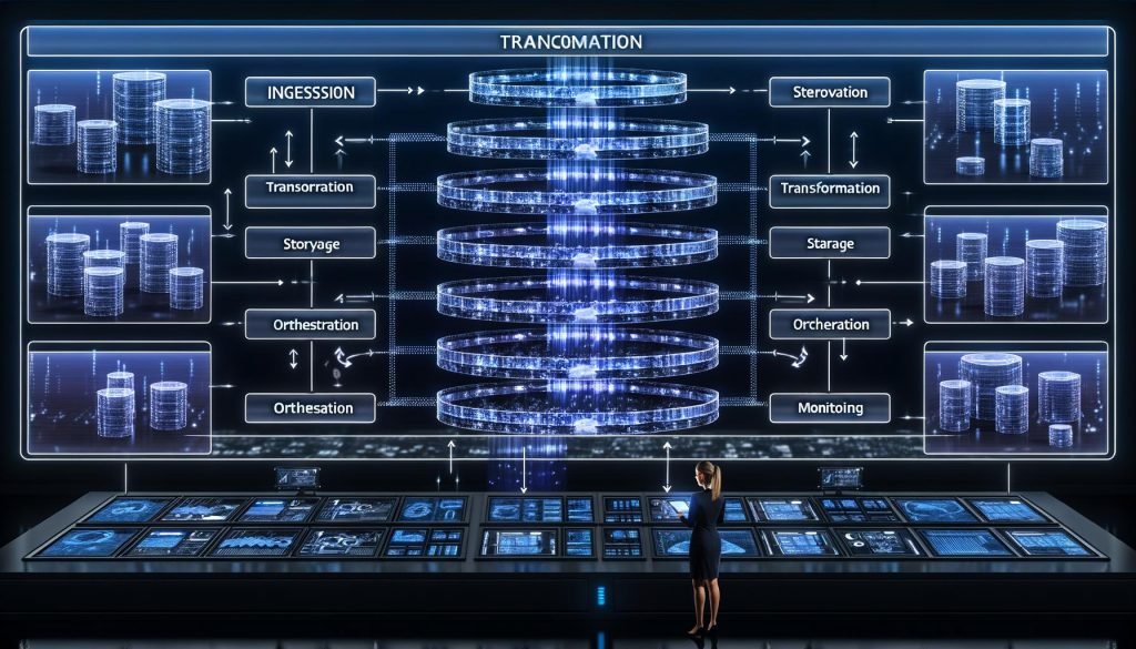 Futuristisches Kontrollzentrum mit mehrschichtigem Data Pipeline Stack, gestapelten Dataflow-Ebenen, Datenströmen von Quellen zu Endpunkten, Data Engineer am Tablet, Monitoring-Screens und Sicherheits-Icons.