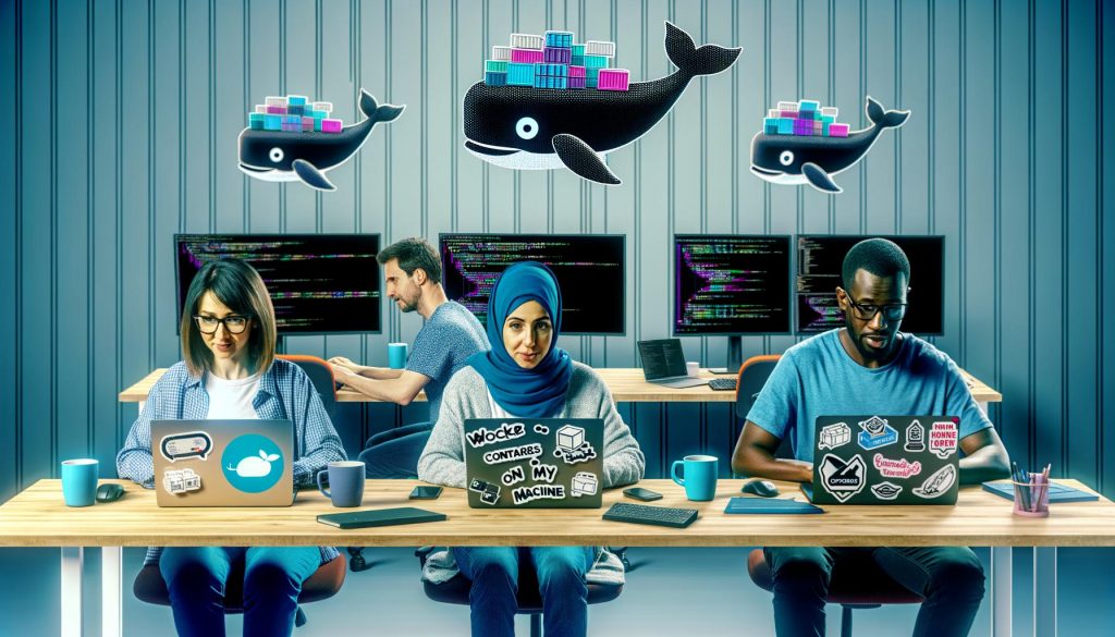 Modernes Entwicklerteam arbeitet an Laptops mit Docker-Icons, Konfigurationsdateien und Containern, umgeben von Monitoren, Stickern und inspirierender Büroatmosphäre.