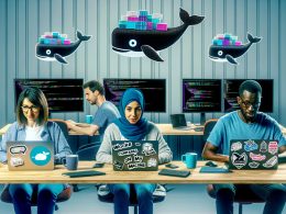 Modernes Entwicklerteam arbeitet an Laptops mit Docker-Icons, Konfigurationsdateien und Containern, umgeben von Monitoren, Stickern und inspirierender Büroatmosphäre.