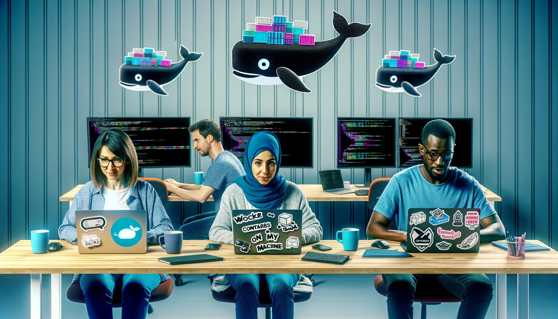 Modernes Entwicklerteam arbeitet an Laptops mit Docker-Icons, Konfigurationsdateien und Containern, umgeben von Monitoren, Stickern und inspirierender Büroatmosphäre.
