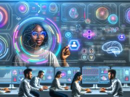 Futuristisches Büro mit vielfältigen Social Media Marketer:innen, die an holografischen Displays, Performance-Diagrammen und komplexen GPT-Prompts für verschiedene soziale Netzwerke arbeiten.