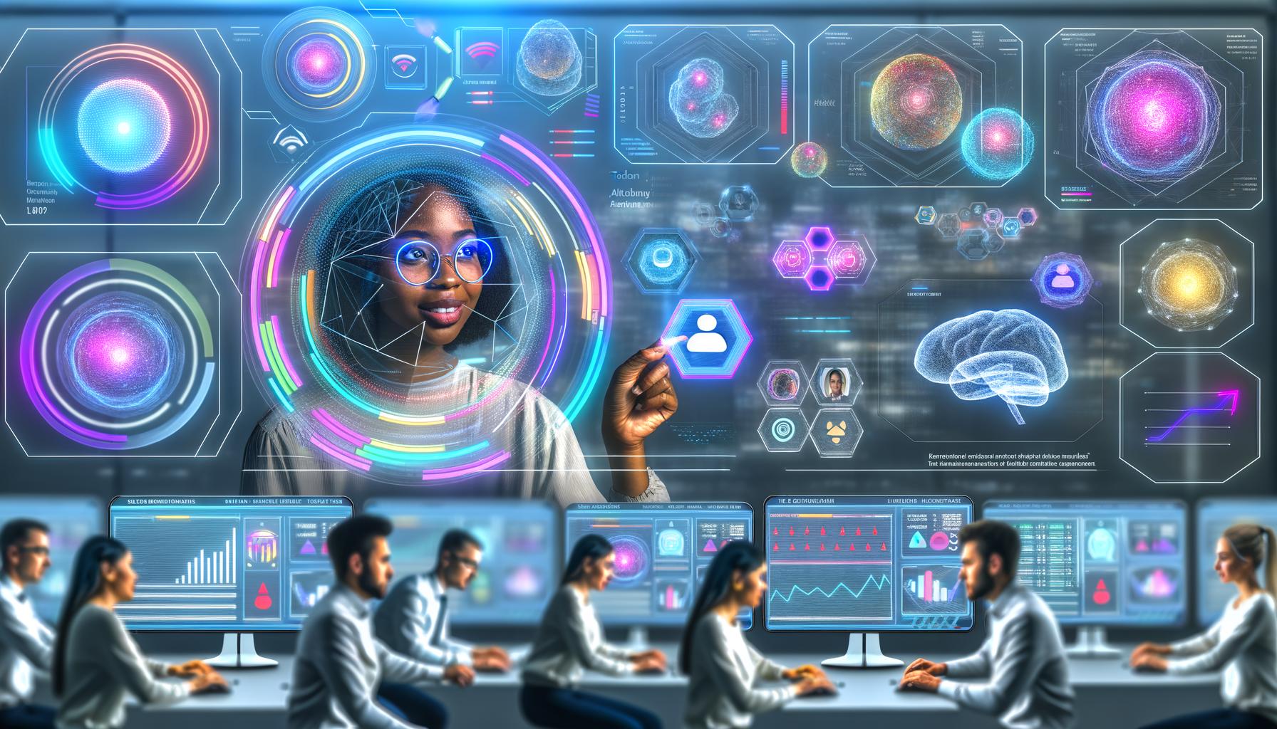 Futuristisches Büro mit vielfältigen Social Media Marketer:innen, die an holografischen Displays, Performance-Diagrammen und komplexen GPT-Prompts für verschiedene soziale Netzwerke arbeiten.