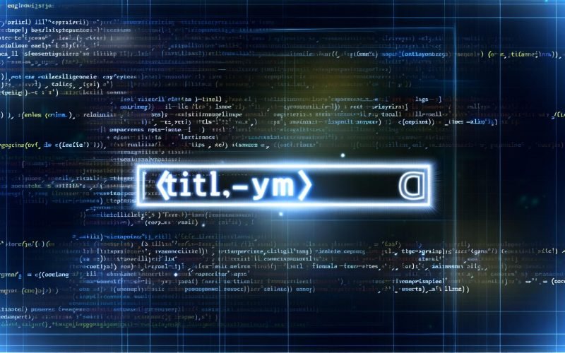 Illustrierter Ausschnitt eines HTML-Codes mit hervorgehobenem Title-Tag, flankiert von Browser-Tabs und Google-Suchergebnissen, leuchtende und digitale Designelemente im Hintergrund.