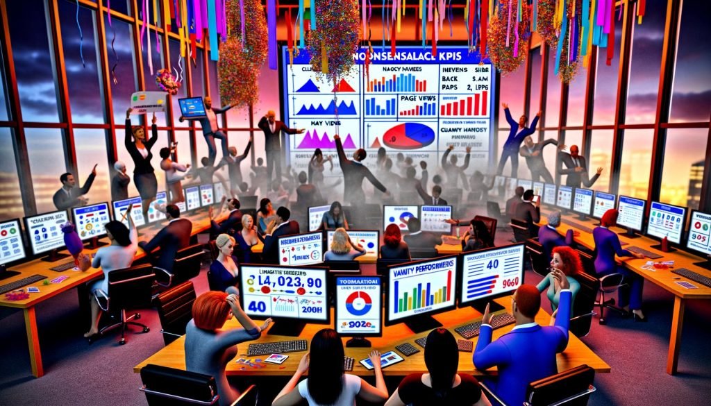 Marketingteam in überfülltem Büro, umgeben von leuchtenden Dashboards mit bunten Diagrammen, Vanity KPIs und verwirrenden Metriken, Konfetti und Rauch mit der Aufschrift 'Bullshit KPIs' im Hintergrund.