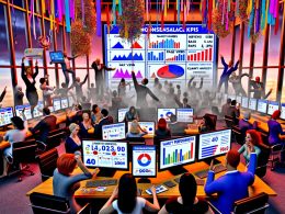 Marketingteam in überfülltem Büro, umgeben von leuchtenden Dashboards mit bunten Diagrammen, Vanity KPIs und verwirrenden Metriken, Konfetti und Rauch mit der Aufschrift 'Bullshit KPIs' im Hintergrund.