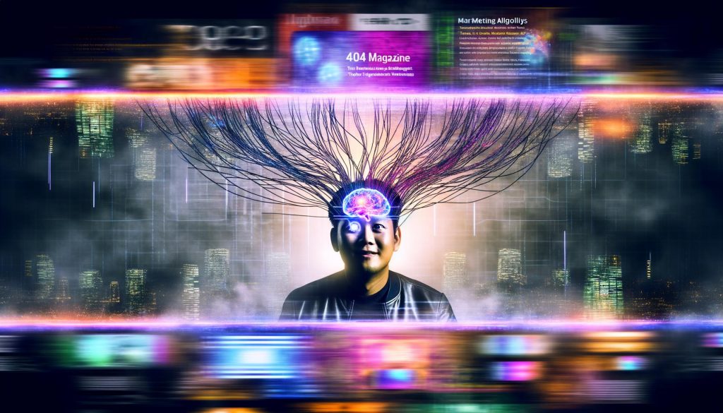 Illustration eines Menschen mit Neural Link-Implantaten vor einem leuchtenden Bildschirm, verbunden mit digitalen Datenströmen, Marketing-Algorithmen und Werbebannern in einer abstrakten Stadtlandschaft.