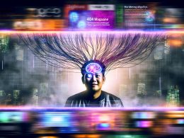 Illustration eines Menschen mit Neural Link-Implantaten vor einem leuchtenden Bildschirm, verbunden mit digitalen Datenströmen, Marketing-Algorithmen und Werbebannern in einer abstrakten Stadtlandschaft.