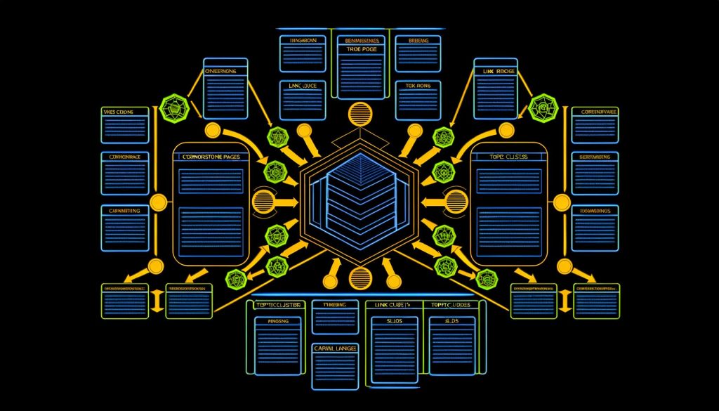 Stilisierte Grafik einer komplexen Website-Struktur mit Hub-Seite, thematischen Clustern, Silos und SEO-bezogenen Symbolen wie PageRank, Linkjuice und Crawl-Bots im modernen digitalen Design.