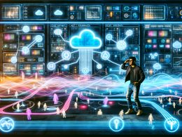 Futuristischer Kontrollraum mit transparenten Dashboards, leuchtenden Datenverbindungen und einem Architekten, der Datenquellen zwischen Cloud, IoT und Legacy-Systemen orchestriert.